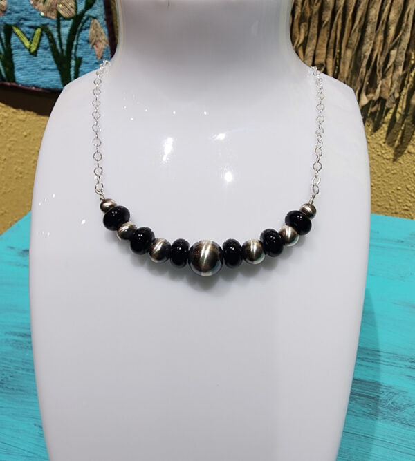 Black Onyx Bar Necklace with Sterling Silver Oxybeads