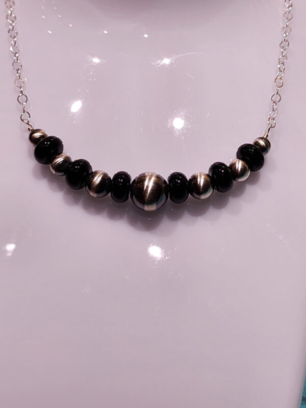 Black Onyx Bar Necklace with Sterling Silver Oxybeads