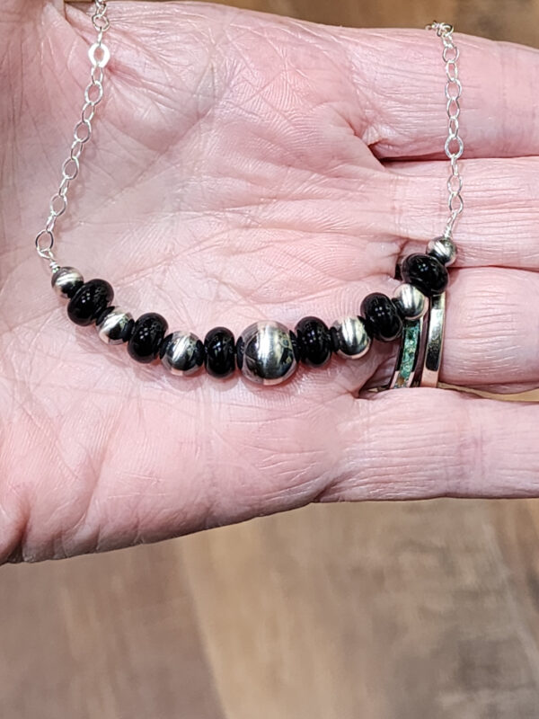 Black Onyx Bar Necklace with Sterling Silver Oxybeads