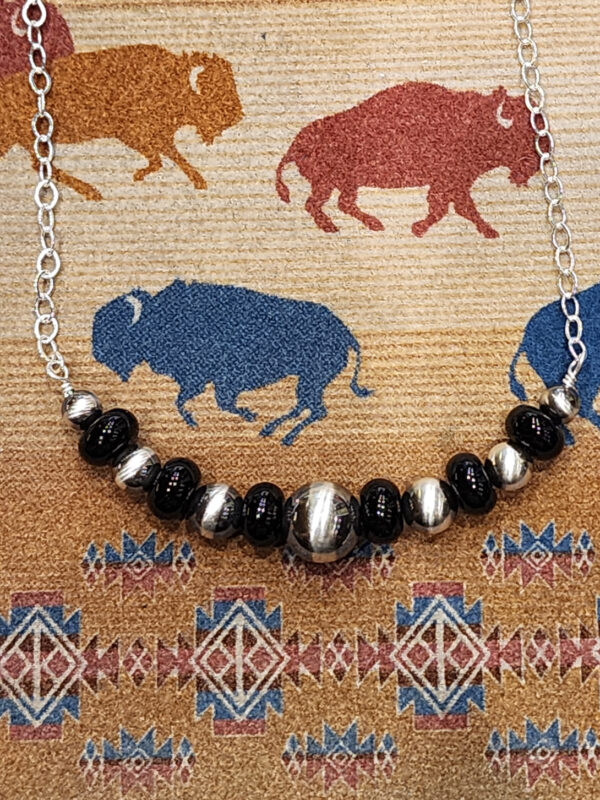 Black Onyx Bar Necklace with Sterling Silver Oxybeads