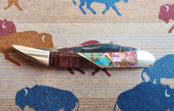 Turquoise and Pink Dahlia Inlay Pocketknife