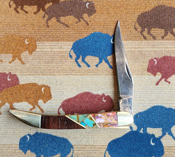 Turquoise and Pink Dahlia Inlay Pocketknife